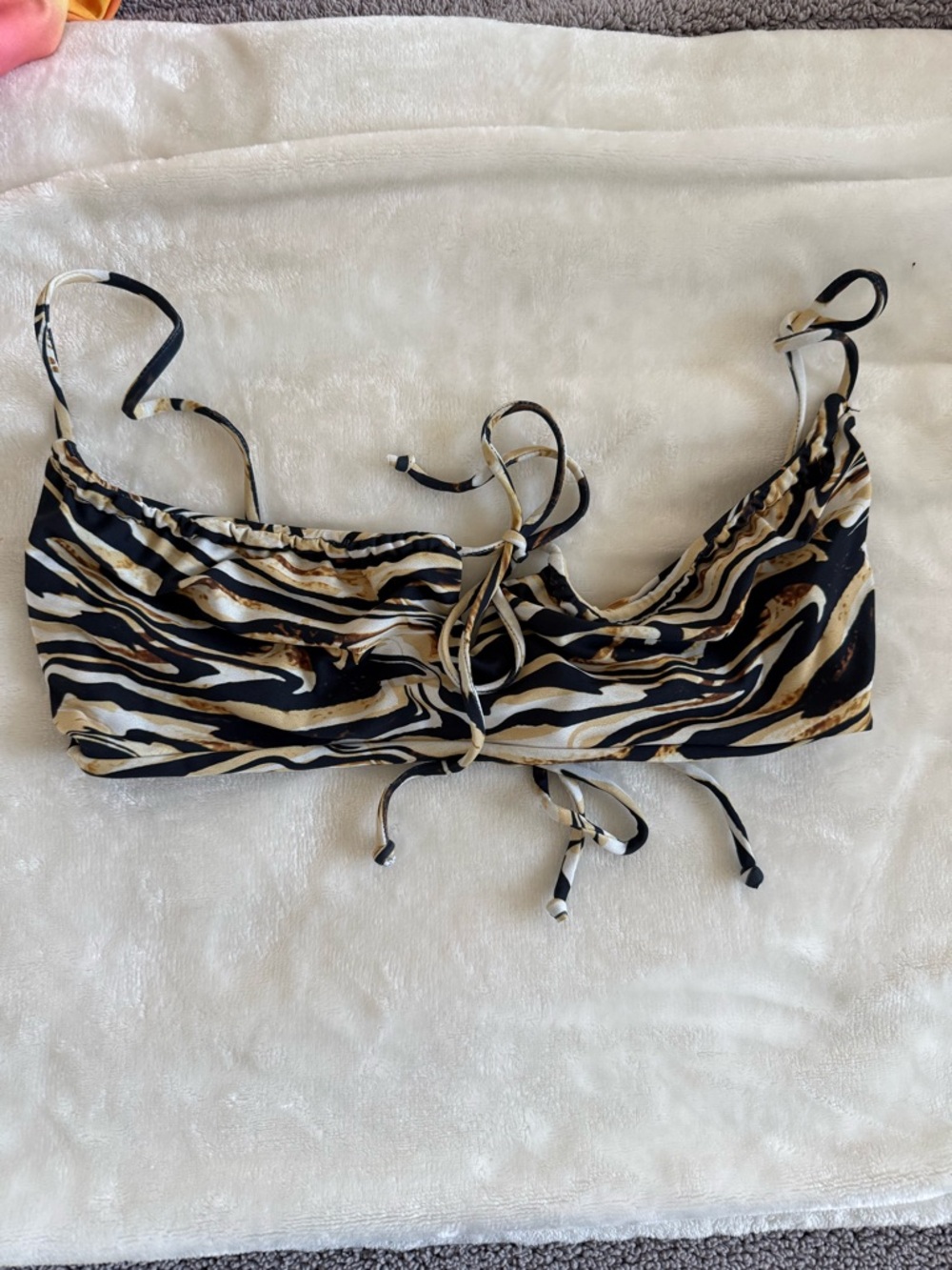 Skatie Black and Beige Zebra-Print Tie-Front Bikini Top